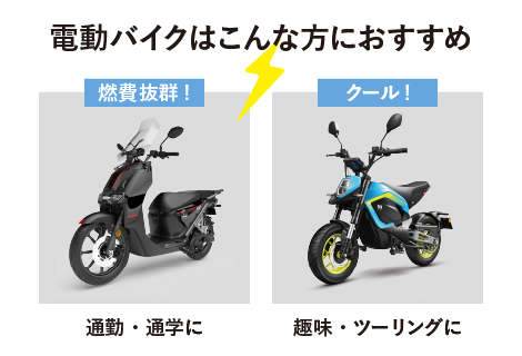 電動バイクはこんな方におすすめ 通勤・通学に 趣味・ツーリングに